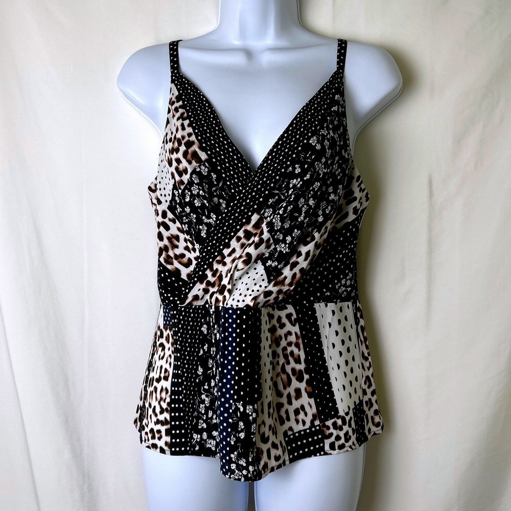 Cabi Womens Mixed Patchwork Leopard Polka Dot Cami Top Size 2 Black Multi Boho